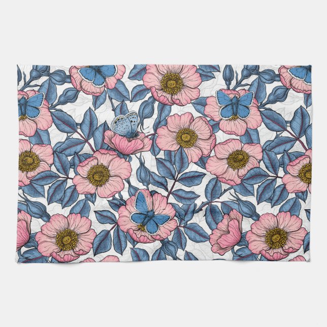 Linge De Cuisine Rose de chien et papillons (Horizontal)