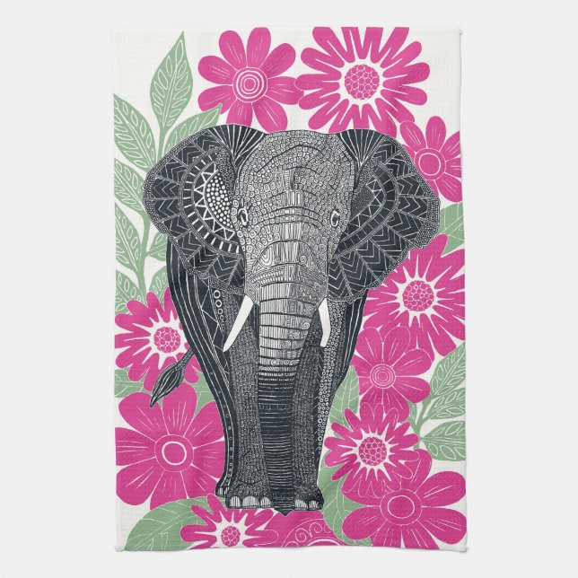 Linge De Cuisine rose éléphant folksy (Vertical)