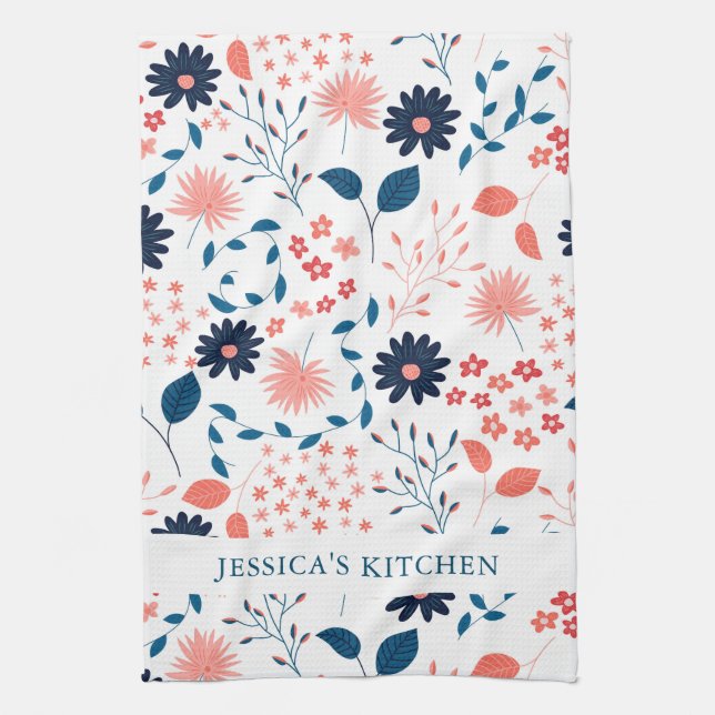 Linge De Cuisine Rose et bleu foncé joli fleurs motif (Vertical)