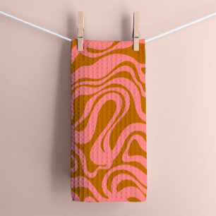 Linge De Cuisine Rose et Brown années 1970 Retro Moderne Swirl