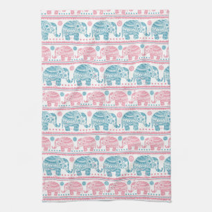 Linge De Cuisine Rose et motif ethnique turquoise d'éléphant