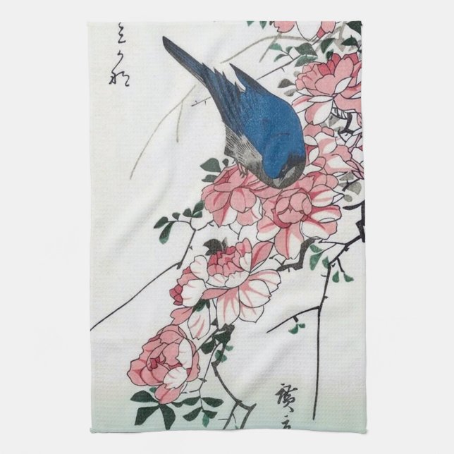 Linge De Cuisine Rose et oiseau bleu, Hiroshige, Ukiyo-e (Vertical)