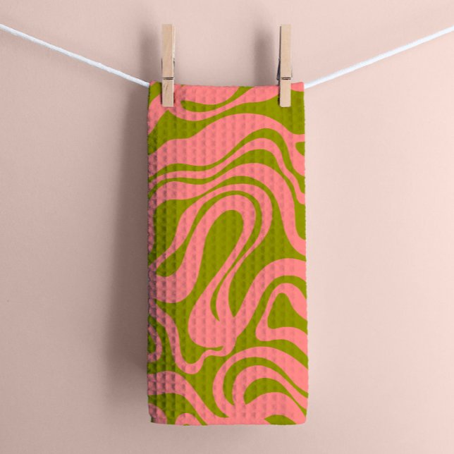 Linge De Cuisine Rose et vert années 1970 Retro Moderne Swirl (Créateur téléchargé)