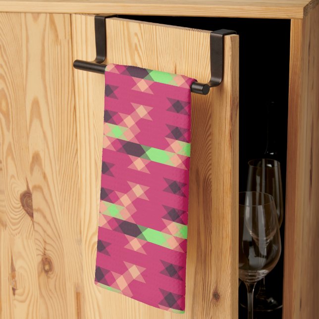 Linge De Cuisine rose et vert géométrique (Pliage en tiers)