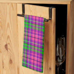 Linge De Cuisine Rose et vert sur motif carreaux tartan violet
