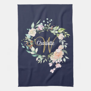 Linge De Cuisine Rose Floral Gold Script Monogramme Marine Bleu