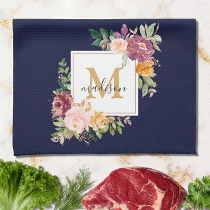 Linge De Cuisine Rose florale botanique élégante à l'aquarelle mono