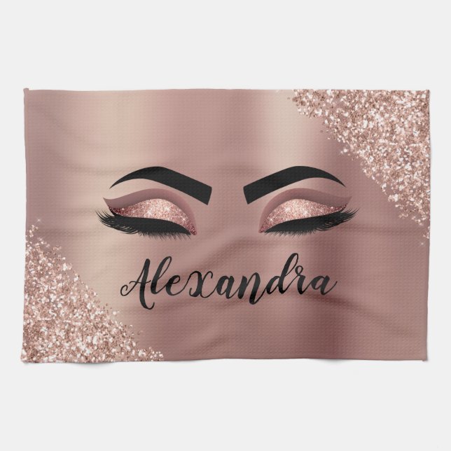 Linge De Cuisine Rose Gold Blush Pink Monogram Glitter Eyelashes (Horizontal)