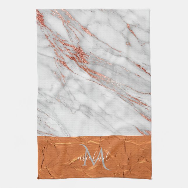 Linge De Cuisine Rose Gold Copper et Marbre Gris avec Kit Monogramm (Vertical)