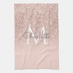 Linge De Cuisine Rose Gold Pailleté Blush Rose Monogramme Féminin