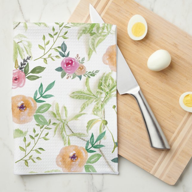 Linge De Cuisine Rose Jaune Violet Rouge Floral Fleurs (Quart Plié)