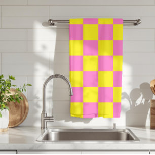 Linge De Cuisine Rose Néon Jaune Damier Vintage