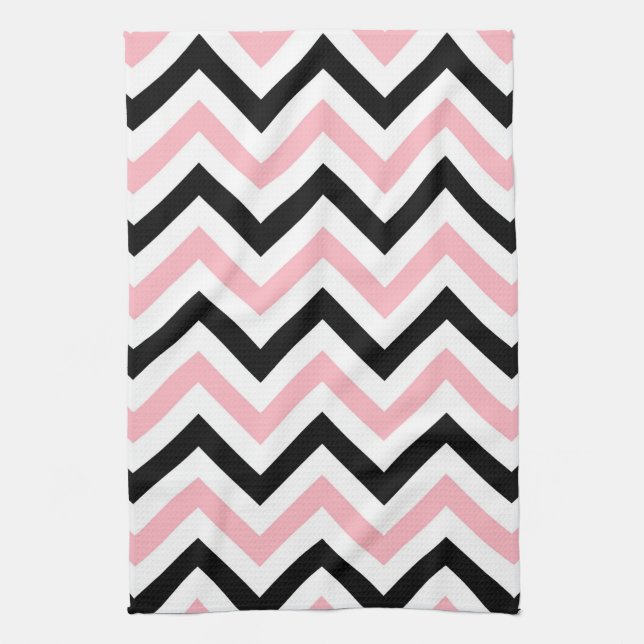 Linge De Cuisine Rose, Noir, Blanc Grand Motif Chevron ZigZag (Vertical)