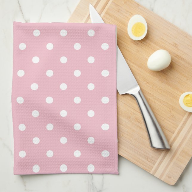 Linge De Cuisine Rose Pâle et Points Blancs (Quart Plié)