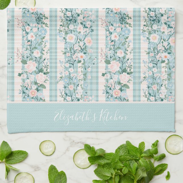 Linge De Cuisine Rose pâle et vert pastel floral Gingham rayures (Plié)