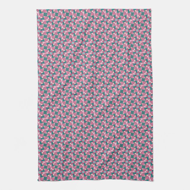 Linge De Cuisine Rose Pâle Foncé + Motif Abstrait Sarcelle (Vertical)