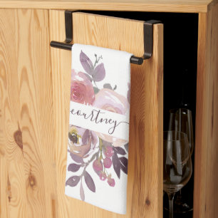 Linge De Cuisine Rose pastel et floral personnalisé violet