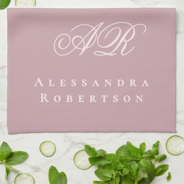 Linge De Cuisine Rose Poussiéreux Pastel Rose Monogramme Nom Minima (Plié)