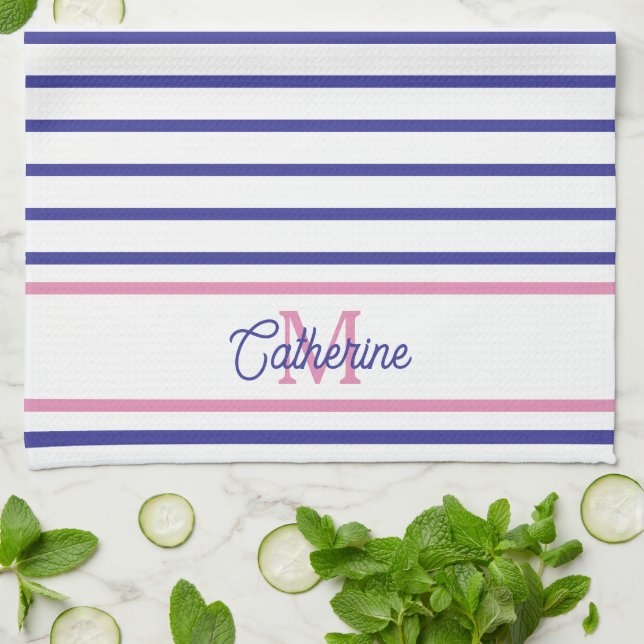 Linge De Cuisine Rose Prépa et Rayure Bleu Marine Simple Monogramme (Plié)