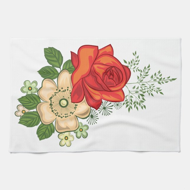 Linge De Cuisine Rose rouge et marguerites (Horizontal)