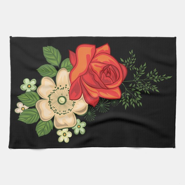 Linge De Cuisine Rose rouge et marguerites Fond noir (Horizontal)