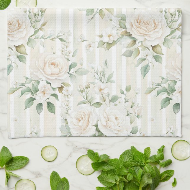 Linge De Cuisine Roses blanches aux nuances romantiques à rayures f (Plié)