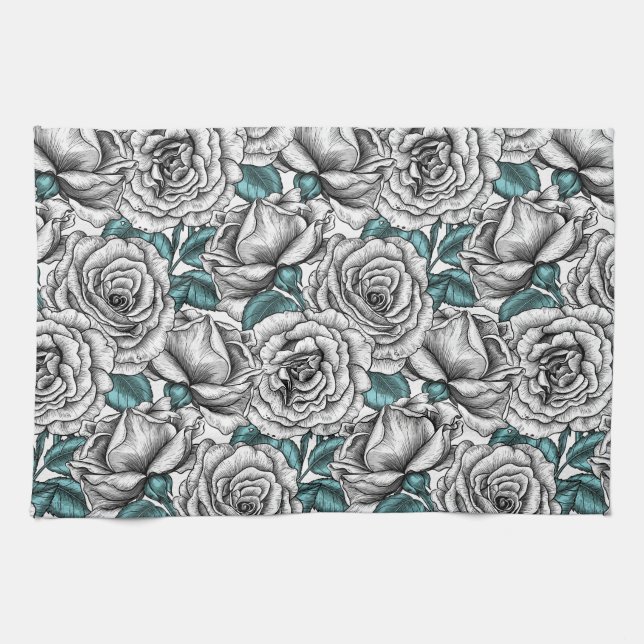 Linge De Cuisine Roses blanches avec feuilles bleus (Horizontal)