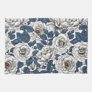 Linge De Cuisine Roses blanches avec feuilles bleus sur blanc