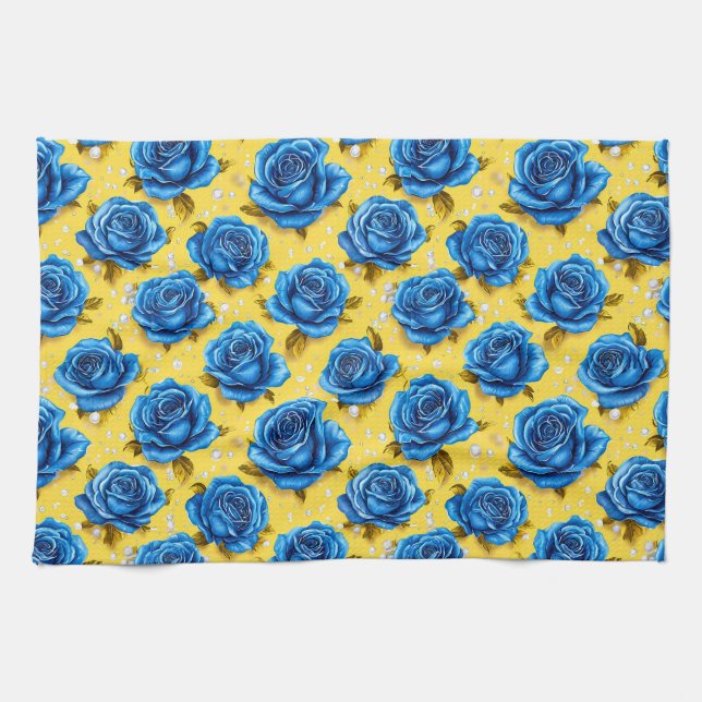Linge De Cuisine Roses Bleues Romantiques Fleur Moderne (Horizontal)
