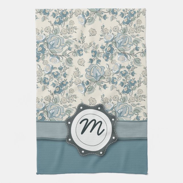 Linge De Cuisine Roses bleus et crèmes avec le monogramme (Vertical)