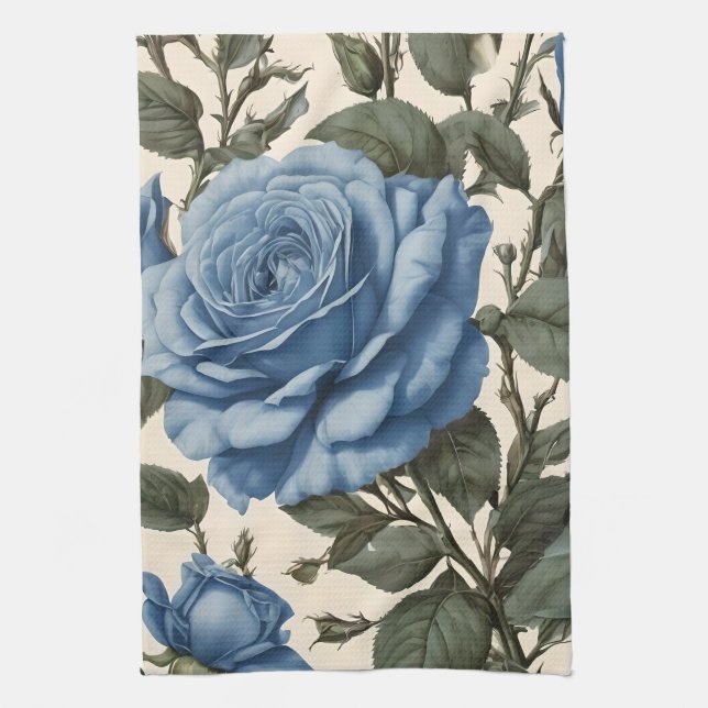 Linge De Cuisine Roses Bleus Et Feuilles Verts, (Vertical)