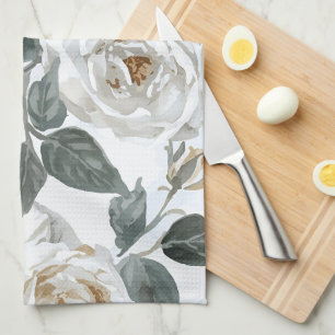 Linge De Cuisine Roses de jardin   Floral vintage aquarelle blanc