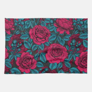 Linge De Cuisine Roses en rouge et bleu