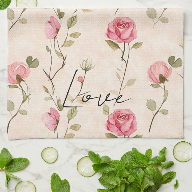 Linge De Cuisine Roses Fleurales Roses Crème Rose Clair (Plié)