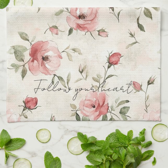 Linge De Cuisine Roses Florales Roses Blush Crème (Plié)