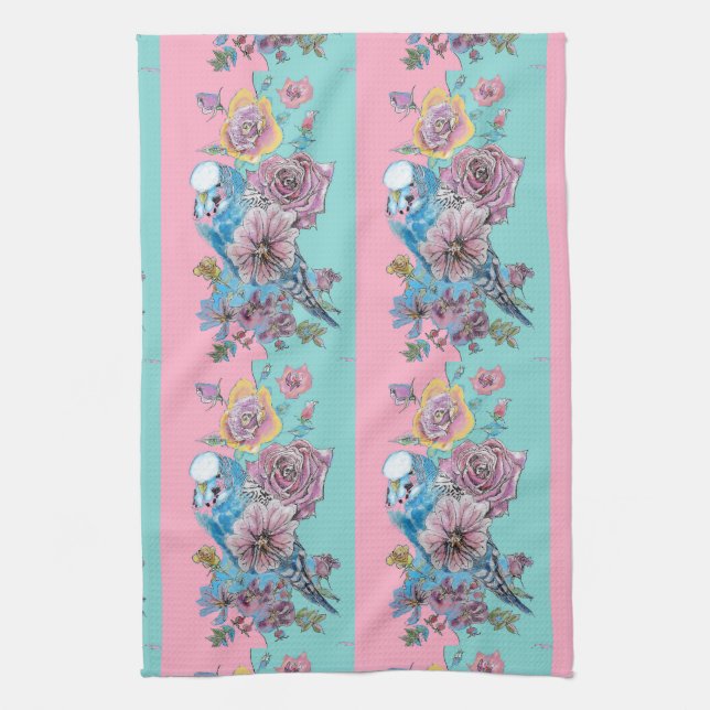 Linge De Cuisine Roses floraux roses Budgie Bird Femmes Aqua rose (Vertical)