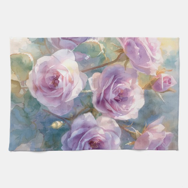 Linge De Cuisine Roses Lilas Fleurs Impressionnistes (Horizontal)