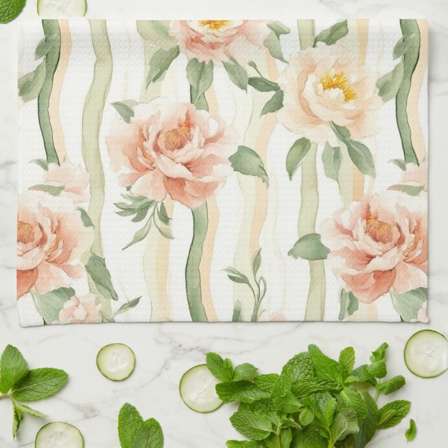Linge De Cuisine Roses Menthe Pêche Rayures Florales   (Plié)