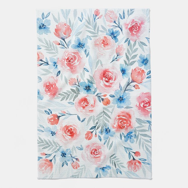 Linge De Cuisine Roses Roses Roses Bleues Fleurs Aquarelle Motif Fl (Vertical)