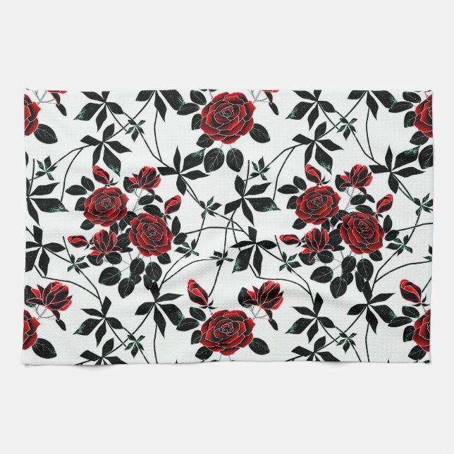 Linge De Cuisine Roses rouges. (Horizontal)