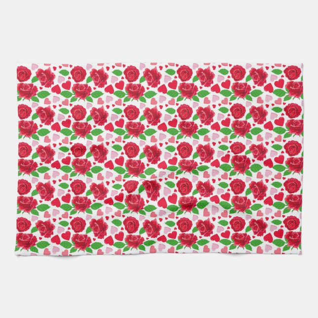 Linge De Cuisine Roses Rouges Cœurs Roses Joyeuse Saint-Valentin (Horizontal)