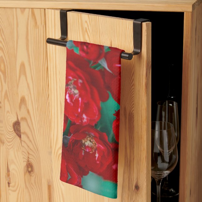 Linge De Cuisine Roses rouges Pale Green Feuilles (Pliage en tiers)