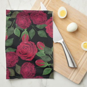 Linge De Cuisine Roses rouges sur noir.