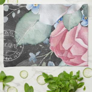 Linge De Cuisine Roses sur tableau noir à la craie et aquarelle