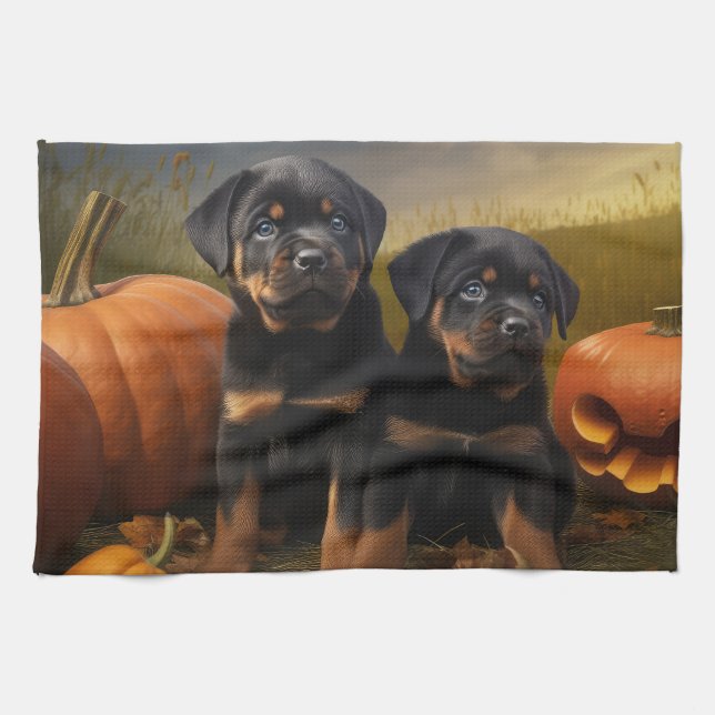 Linge De Cuisine Rottweiler Chiot Automne Citrouille de plaisir (Horizontal)