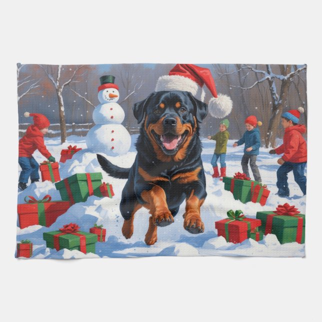 Linge De Cuisine Rottweiler coule en neige avec Casquette de Noël (Horizontal)