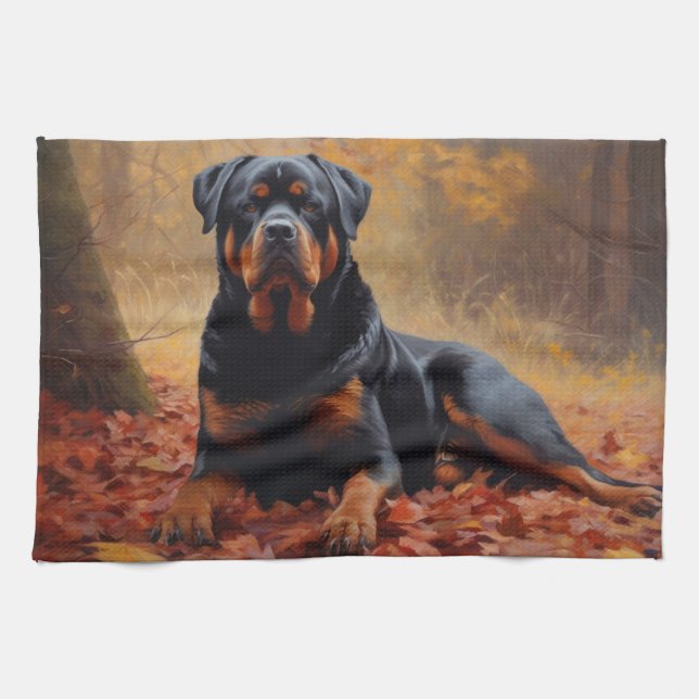Linge De Cuisine Rottweiler dans les feuilles d'automne automne aut (Horizontal)