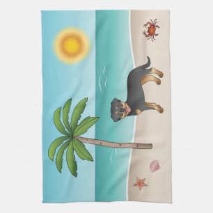 Linge De Cuisine Rottweiler noir et feu sur une plage tropicale en