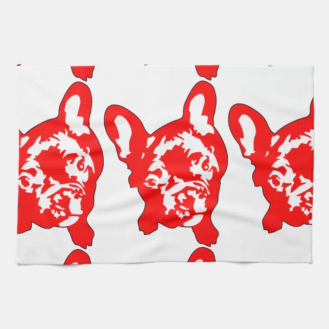 Linge De Cuisine Rouge Blanc adorable Bouledogue Français (Horizontal)