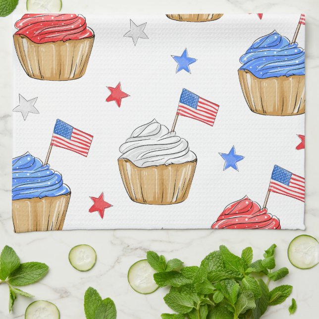 Linge De Cuisine Rouge Blanc Bleu Drapeau Star Cupcakes Patriotique (Plié)